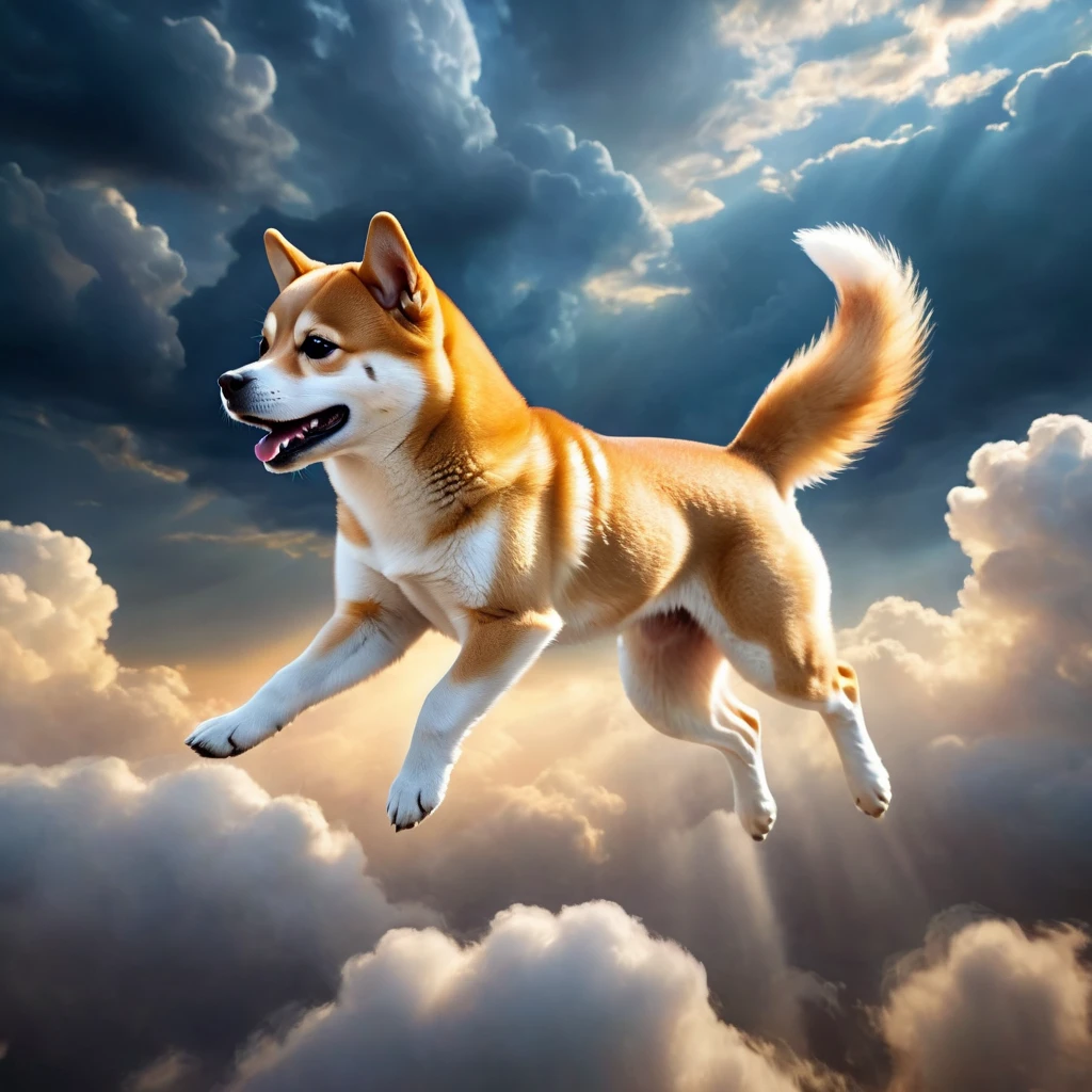 A  Shiba Inu, side view ,flying in the cloud, (jumping pose:1.5), epic sky background ， theatricality and mystique  ，Otherworldly ，Awesome ，Clever use of light and shadow，Adds depth and drama to the scene., Involve the audience in a dark and elegant narrative. This masterpiece, Created by the famous painter Gustav Klimt, Delve deep into the realms of fantasy and mythology, Inviting viewers to explore the complexity of beauty, strength, Anatomically correct，ezh，Fantasy，