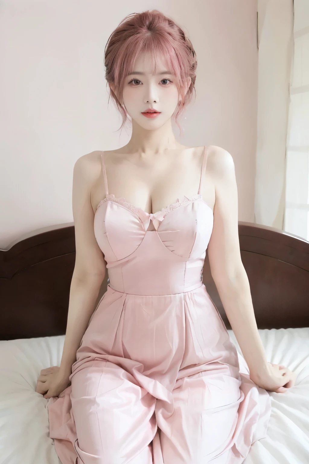 ((best quality)), ((masterpiece)), (detailed), milf, Pink Sexy dress, hips up, หน้าอกใหญ่มาก, Wolf Cut, pink Hair, แสงแบบภาพยนต์, Sexy pose, on bed, night,,