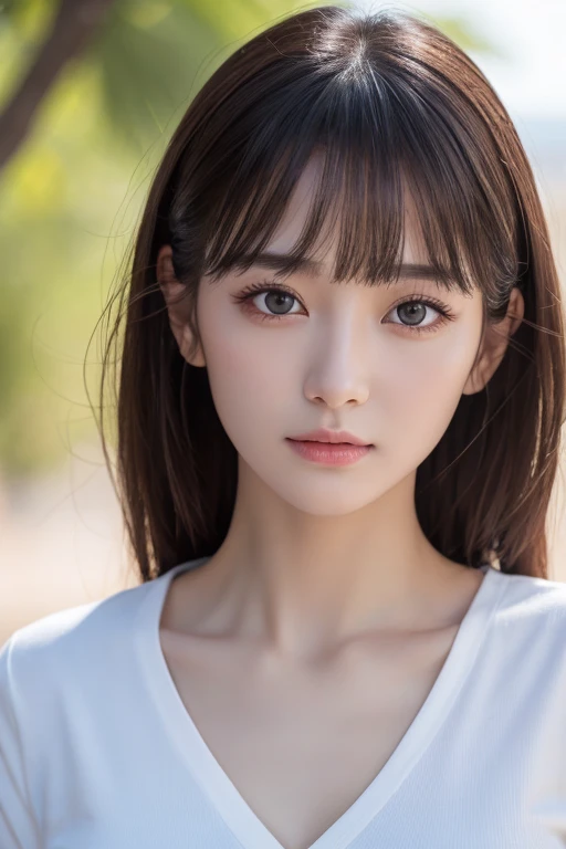 ((Highest quality, 8k)), whole body, Beautiful woman with perfect figure :1.4, Slim Abs :1.2, Highly detailed face and skin texture, fine grain, double eyelid, Small breasts,whiteｔshirt,,Symmetrical face、Sebaceous reflex、bangs,Delicate facial features、Black Hole、The face is very realistic、Bright Eyes、Looking at the audience、Extremely realistic skin、Background is sky、Movie Style、Gentle expression