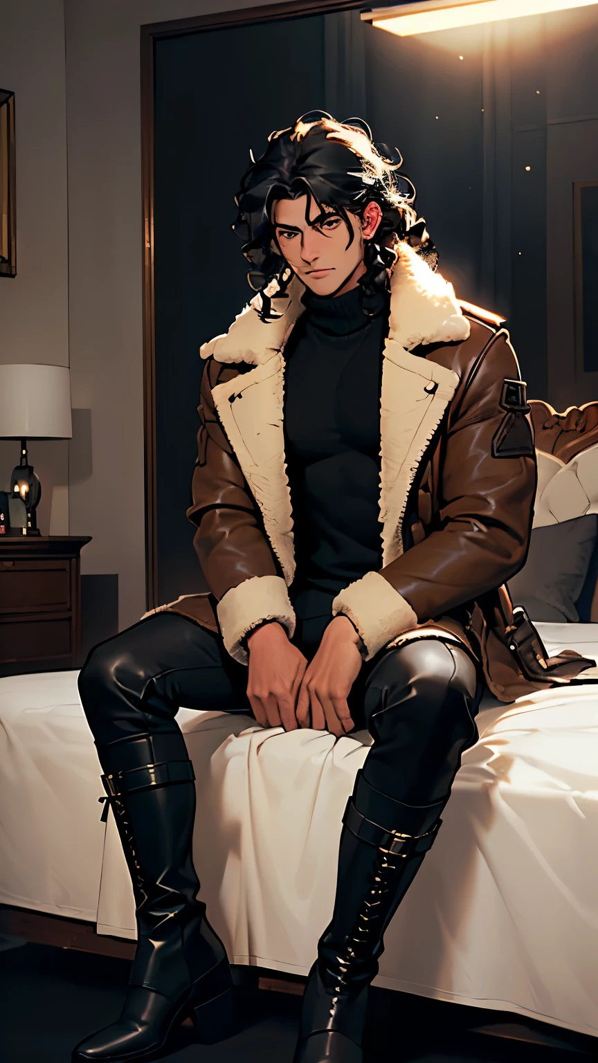 8k, masterpiece, best quality, realistic, higly detailed, cowboy shot, 1boy, solo, Fuutarou, young man, fair skin, black hair, bowl cut, two strands sticking up from the back of his head, bangs that cover his forehead, blue eyes, slim physique, tall build, tends to slouch, serious expression, scary and thuggish vibe, bad guy, Mortal Kombat