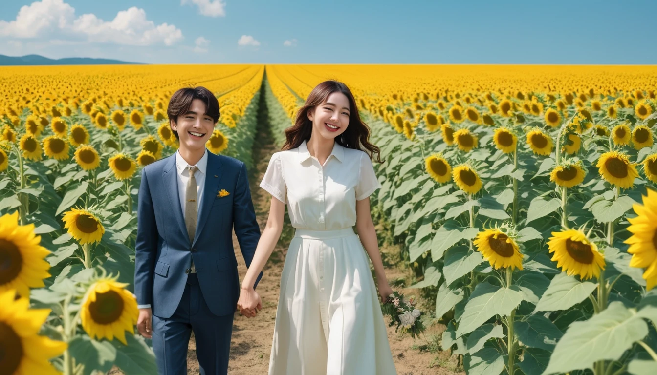 (best quality, masterpiece, ultra detailed, ultra high res, photorealistic, raw photo, absolutely resolution), A scene in a sunflower field with a 17-year-old Japanese man and a 19-year-old Japanese woman holding hands and smiling at each other. The background features a bright blue sky, with the vibrant yellow of the sunflowers standing out. The couple is centrally positioned, with their smiles clearly visible. The camera angle is a front-facing shot, capturing the expressions of both individuals. The overall color palette is bright and summery, emphasizing the contrast between the yellow sunflowers and the blue sky. The scene conveys a sense of happiness and joy.