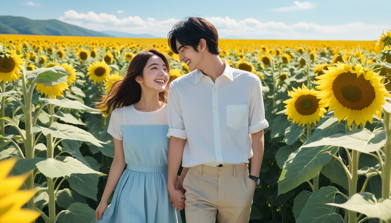 (best quality, masterpiece, ultra detailed, ultra high res, photorealistic, raw photo, absolutely resolution), A scene in a sunflower field with a 17-year-old Japanese man and a 19-year-old Japanese woman holding hands and smiling at each other. The background features a bright blue sky, with the vibrant yellow of the sunflowers standing out. The couple is centrally positioned, with their smiles clearly visible. The camera angle is a front-facing shot, capturing the expressions of both individuals. The overall color palette is bright and summery, emphasizing the contrast between the yellow sunflowers and the blue sky. The scene conveys a sense of happiness and joy.