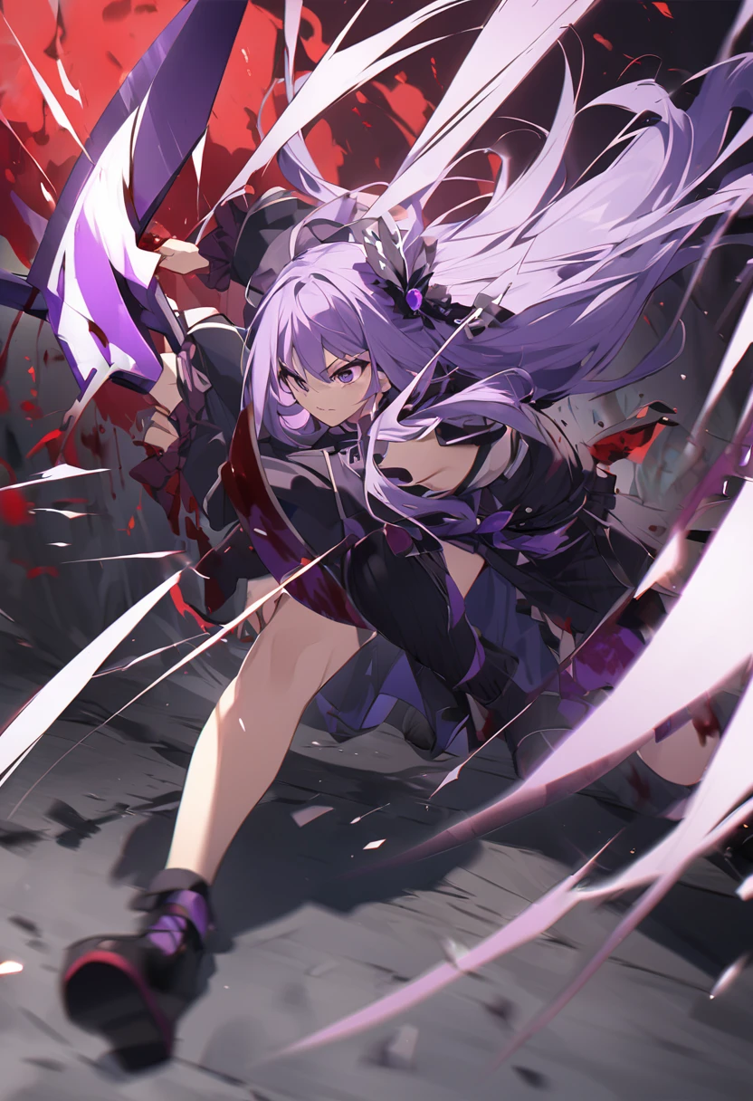 Keito。Purple Eyes。Light purple hair。Black shoes。Amethyst hair accessory。Purple Halberd。Blood splatter。fight