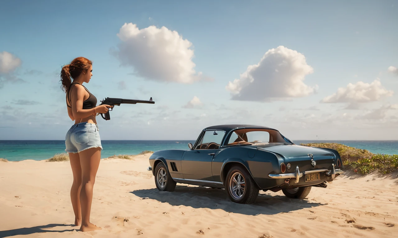 Create an evocative scene of a girl standing on a beach, holding a gun, with a car visible in the background. The setting should convey a sense of tension and mystery. Ensure the girl's pose suggests she's ready for action, with the gun held confidently. Capture the ambiance of the beach with realistic details like sand, waves, and distant seagulls. The car in the background should be partially obscured, adding to the intrigue of the scene. Use dynamic lighting to enhance the mood, with the sunset casting warm hues across the landscape. Title: 'LuciaGTA6SDXL