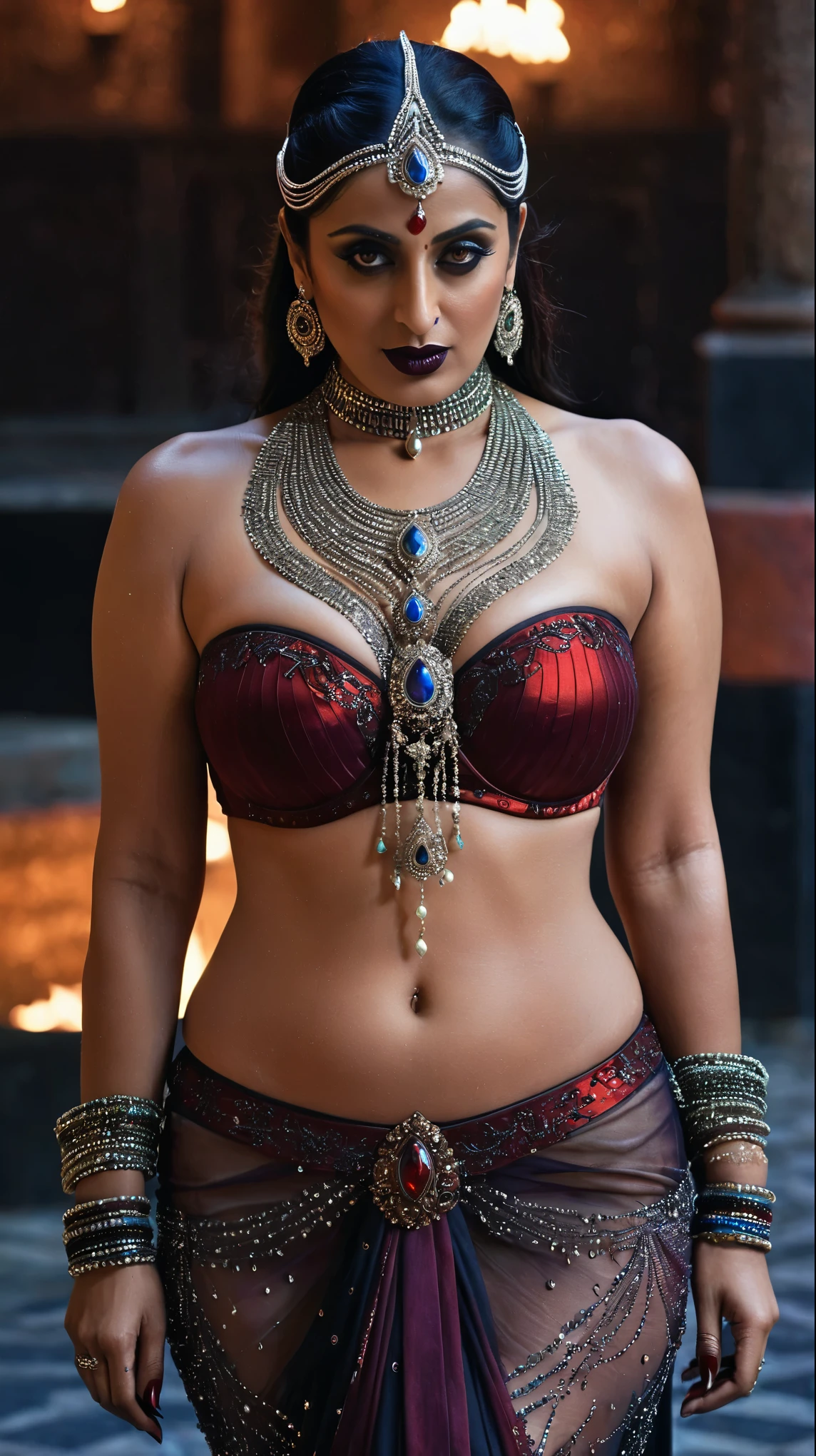 Looks like Mahie Gill, full body Closeup shot, Big chubby aunty, milf, cougar lady witch, horny Gothic milf,  70 years old gorgeous mature lady, pervert demoness, demoness of lust, curvy, black lips, horny face, extremely gorgeous, thick figure, heavy physique, voluptuous, curvy, sexy figure, Fashionable portrait of androgynous alien looking witch wearing veil, glowing eyes, futuristic design, minimal details, givenchy, photoreal, 200mm, hd, f/ 2.0, highly detailed, surreal, sexy beautiful evil woman, sexy bold sequin Saree with strapless Bra, chudail, Pishachini, horror genre, blood-thirsty enchantress, powerful female spirit, eerie, drop dead, in the style of red and blue, (intricate details, hyperdetailed:1.15) (skin texture:1.2), dark Moody tone, cinematic lighting, haunted place in background, 