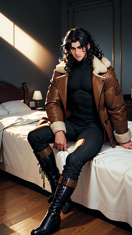 (detailed), (((normal guy))), (arab features), ((brown sheepskin jacket)), ((black curly hair loose hair)), (calm face), ((by the wide)), ((tall black boots)), (((Whole body))), ((sitting on the bed in a room)), ((male)), (black turtleneck sweater), ((only one person)), (at night), ((poorly lit room)), ((((dark room))))