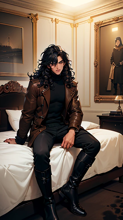 (detailed), (((normal guy))), (arab features), ((brown sheepskin jacket)), ((black curly hair loose hair)), (calm face), ((by the wide)), ((tall black boots)), (((Whole body))), ((sitting on the bed in a room)), ((male)), (black turtleneck sweater), ((only one person)), (at night), ((poorly lit room)), ((((dark room))))