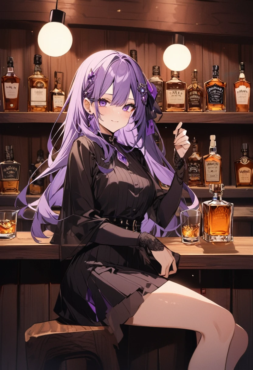 Keito。Purple Eyes。Light purple hair。Black shoes。Amethyst hair accessory。whisky。Wooden bar