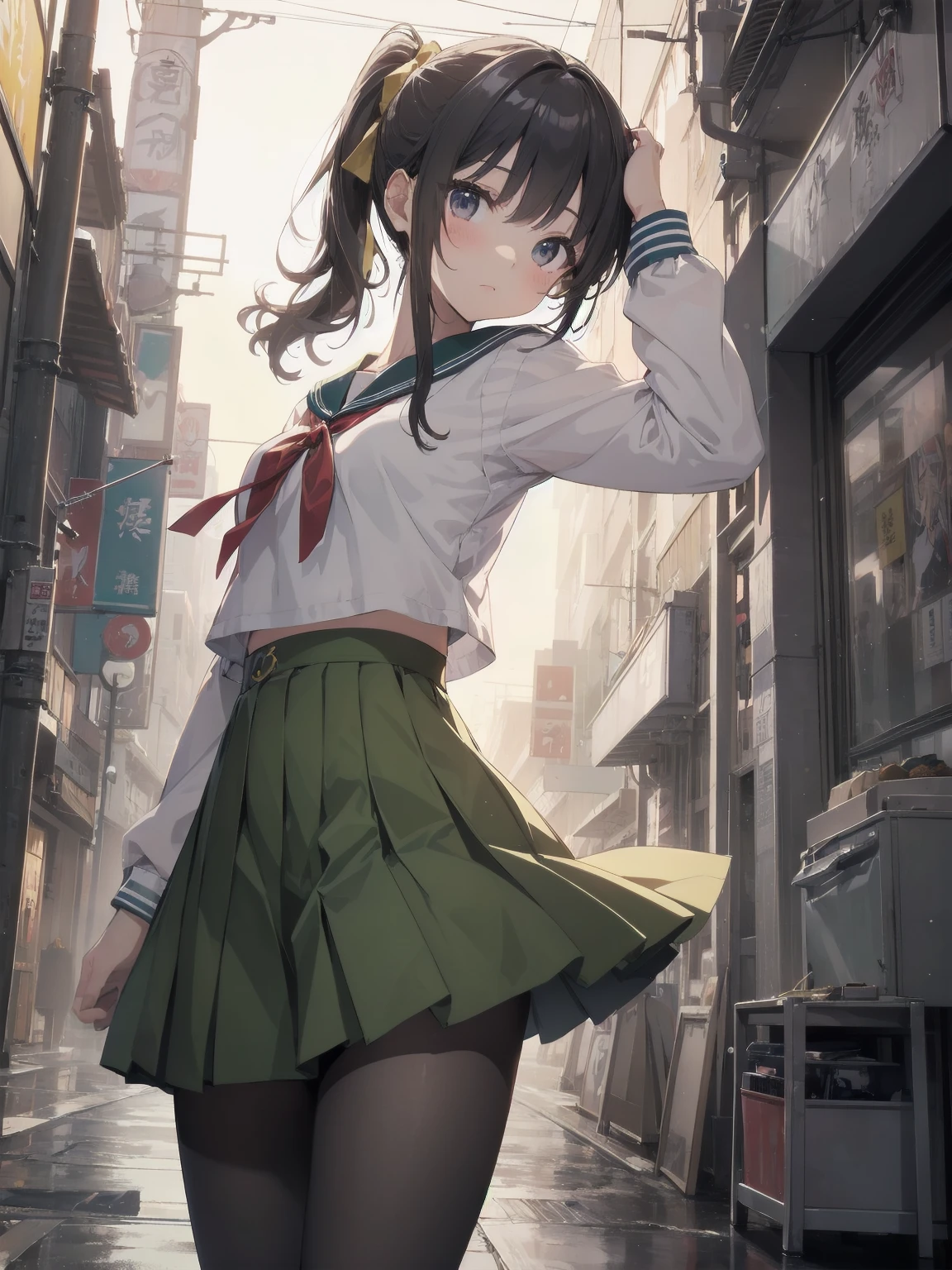 Masterpiece, illustration, super detailed, kawaii, one girl, 独奏, slender 14 year old, Japanese girl, chou chou, ribbon, nape of neck, low ponytail,  cute pose in Less revealing attire, (green sailor outfit, two gold lines), large gold ribbon, priss skirt, black pantyhose, , Long Sleeves, White innerwear for sailor suit, living room, cowgirl shot, sfw, dynamic angle、Close-up on the characters、(building, city、A dense fog of fluorescent particles、１８００Era、Japanese Style、Fiction、grow、Overwhelming、Detailed street）、A beautiful girl with a beautiful background and a super cute pose