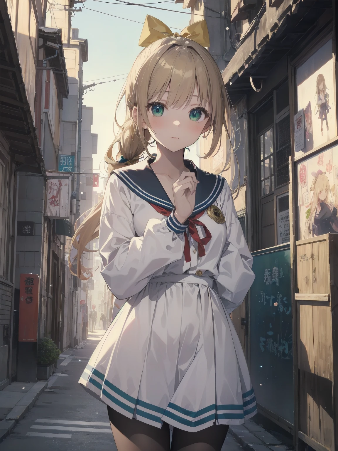 Masterpiece, illustration, super detailed, kawaii, one girl, 独奏, slender 14 year old, Japanese girl, chou chou, ribbon, nape of neck, low ponytail, cute pose in Less revealing attire, (green sailor outfit, two gold lines), large gold ribbon, priss skirt, black pantyhose, , Long Sleeves, White innerwear for sailor suit, living room, cowgirl shot, sfw, dynamic angle、Close-up on the characters、(building, city、A dense fog of fluorescent particles、1800Era、Japanese Style、Fiction、grow、Overwhelming、Detailed street)、A beautiful girl with a beautiful background and a super cute pose