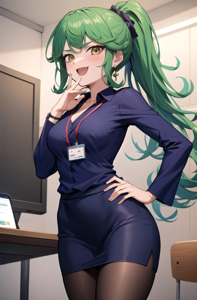 (masterpiece, best quality, detailed), 1girl, solo, looking at viewer, TatsuDef,gold  eyes, green hair, bangs, blush, flipped hair, very long hair, medium breasts, thighs,
office lady, collared shirt, cleavage, lanyard, wristwatch, sleeves rolled up, pencil skirt, brown pantyhose, indoors, office, desk, office chair, ojou-sama pose, laughing, hand on hip, naughty face, smug,Earrings, High Ponytail, Hair Over Shoulder, Straight Hair, 