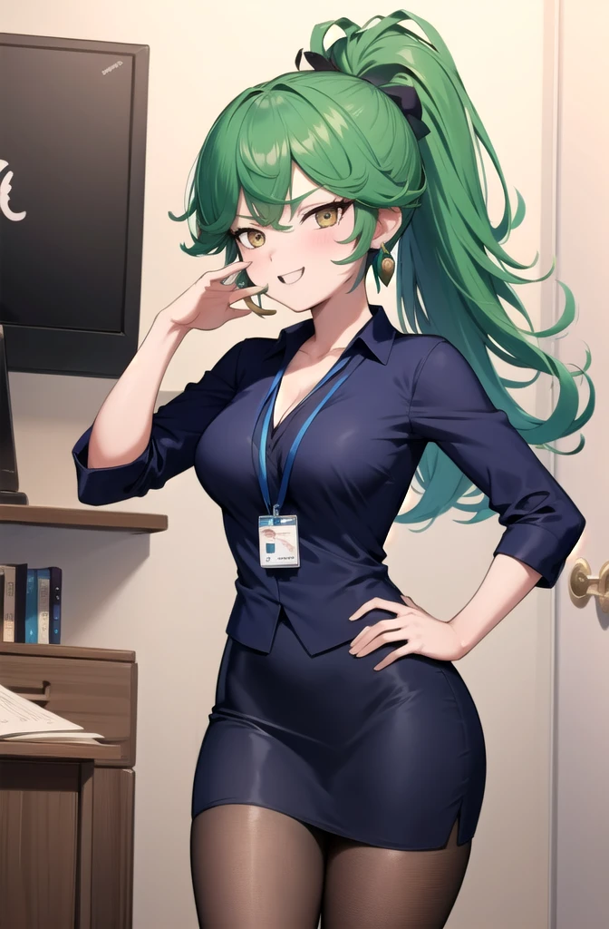 (masterpiece, best quality, detailed), 1girl, solo, looking at viewer, TatsuDef,gold  eyes, green hair, bangs, blush, flipped hair, very long hair, medium breasts, thighs,
office lady, collared shirt, cleavage, lanyard, wristwatch, sleeves rolled up, pencil skirt, brown pantyhose, indoors, office, desk, office chair, ojou-sama pose, laughing, hand on hip, naughty face, smug,Earrings, High Ponytail, Hair Over Shoulder, Straight Hair, 