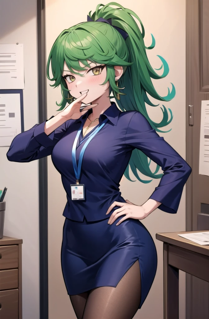 (masterpiece, best quality, detailed), 1girl, solo, looking at viewer, TatsuDef,gold  eyes, green hair, bangs, blush, flipped hair, very long hair, medium breasts, thighs,
office lady, collared shirt, cleavage, lanyard, wristwatch, sleeves rolled up, pencil skirt, brown pantyhose, indoors, office, desk, office chair, ojou-sama pose, laughing, hand on hip, naughty face, smug,Earrings, High Ponytail, Hair Over Shoulder, Straight Hair, 