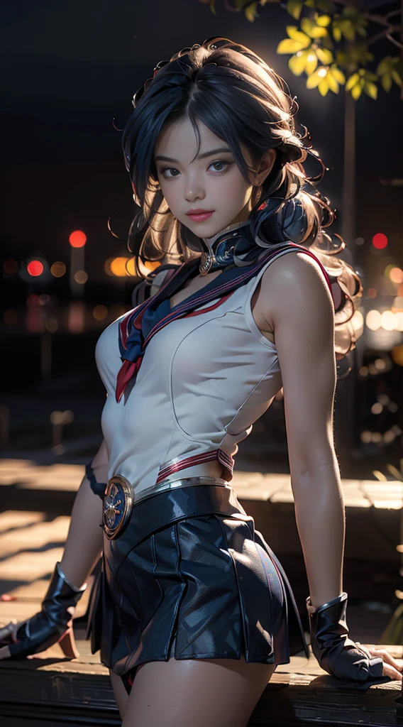 (Extreme detail CG Unity 8K wallpaper, masterpiece, highest quality), (exquisite lighting and shadow, highly dramatic picture, cinematic lens effect), (Sailor Moon: 1.1), charming smile, double tail, blue eyes, blue hair, tight top, RED gloves, mini skirt, dynamic pose), the background is the universe (excellent detail, excellent lighting, wide angle), (excellent rendering, enough to stand out in its class),all,whole body,whole