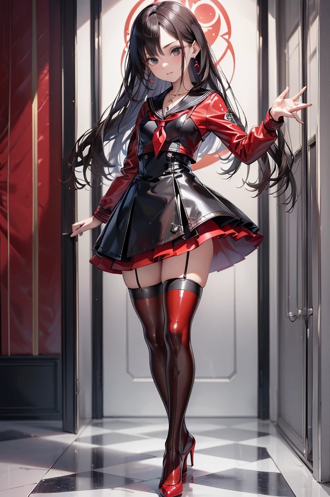 ((Biologically correct limb count)),(( From head to toe,Full-body photo including face)),4K,((Standing position)),masterpiece,((Focus on the face)),((Symmetrical facial features)),Eyes with detailed description,Beautiful woman,Great style,Beautiful arms,Beautiful legs,Beautiful Hands,(Small Ass,Thin thighs),Detailed depiction of the face,Small earrings,necklace,(Red and black latex sailor suit,skirt((High heels,Patterned stockings))),((Waiting for someone to meet up)),Silk gloves,Realistic photo,(Medium cut hair),Stand at an angle