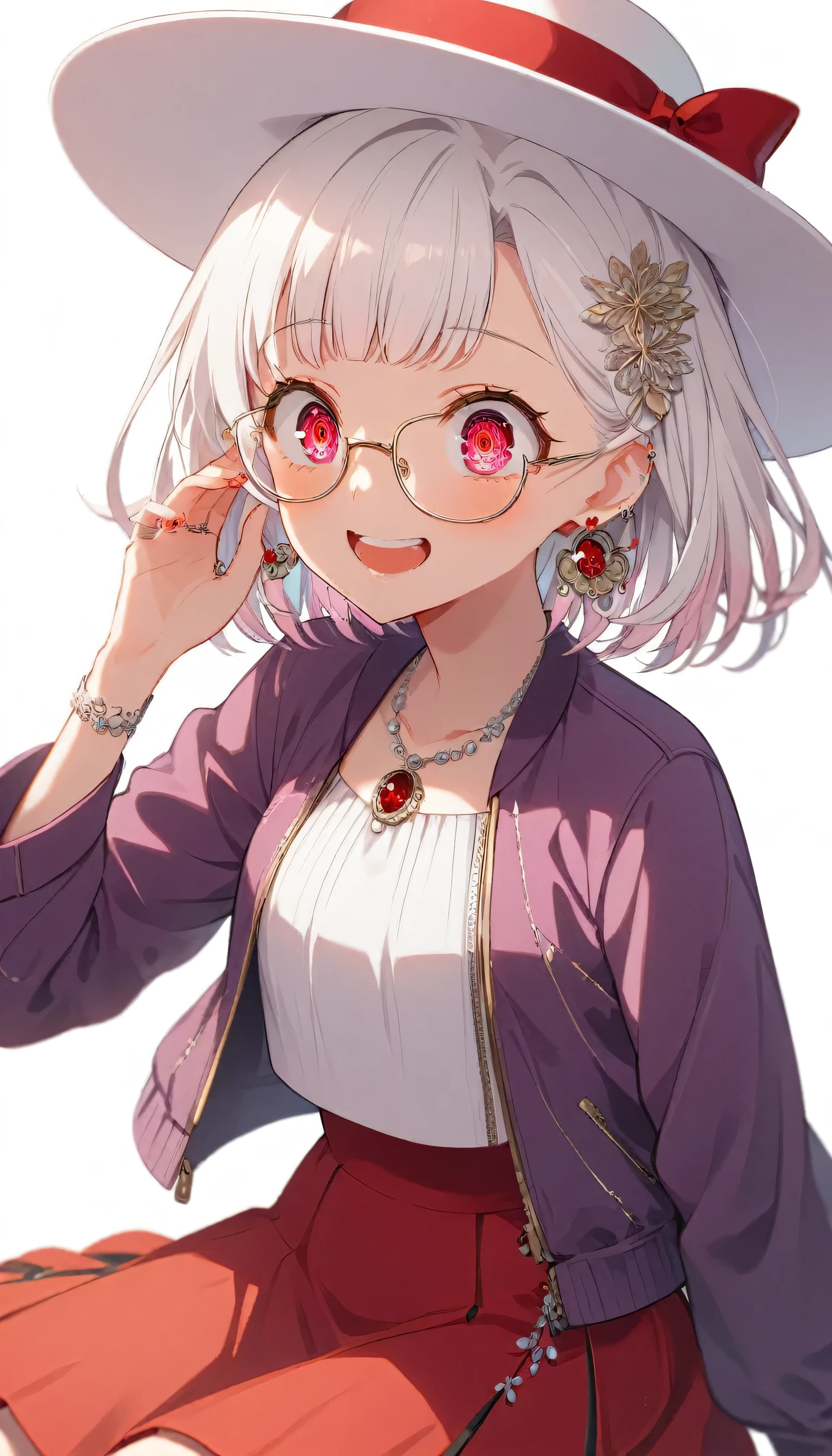 One Girl, alone, Medium Hair, View your audience, Surprised expression、panic、Bitter smile、bangs, ((PurpleのJacket)), Red pastel skirt、Red eyes,White hair in the eye、Shining beautiful eyes、((White boater hat with red ribbon))、White Jewelry, Sitting, Jacket, whole body, PurpleとPinkのメッシュカラー、Hair Color（Purple,Pink）、Purple pink mesh color、 earrings, Glasses, teeth, , open Jacket, Earrings, ring, ear Earrings, White Background、White Background、Yoga poses、whole body
