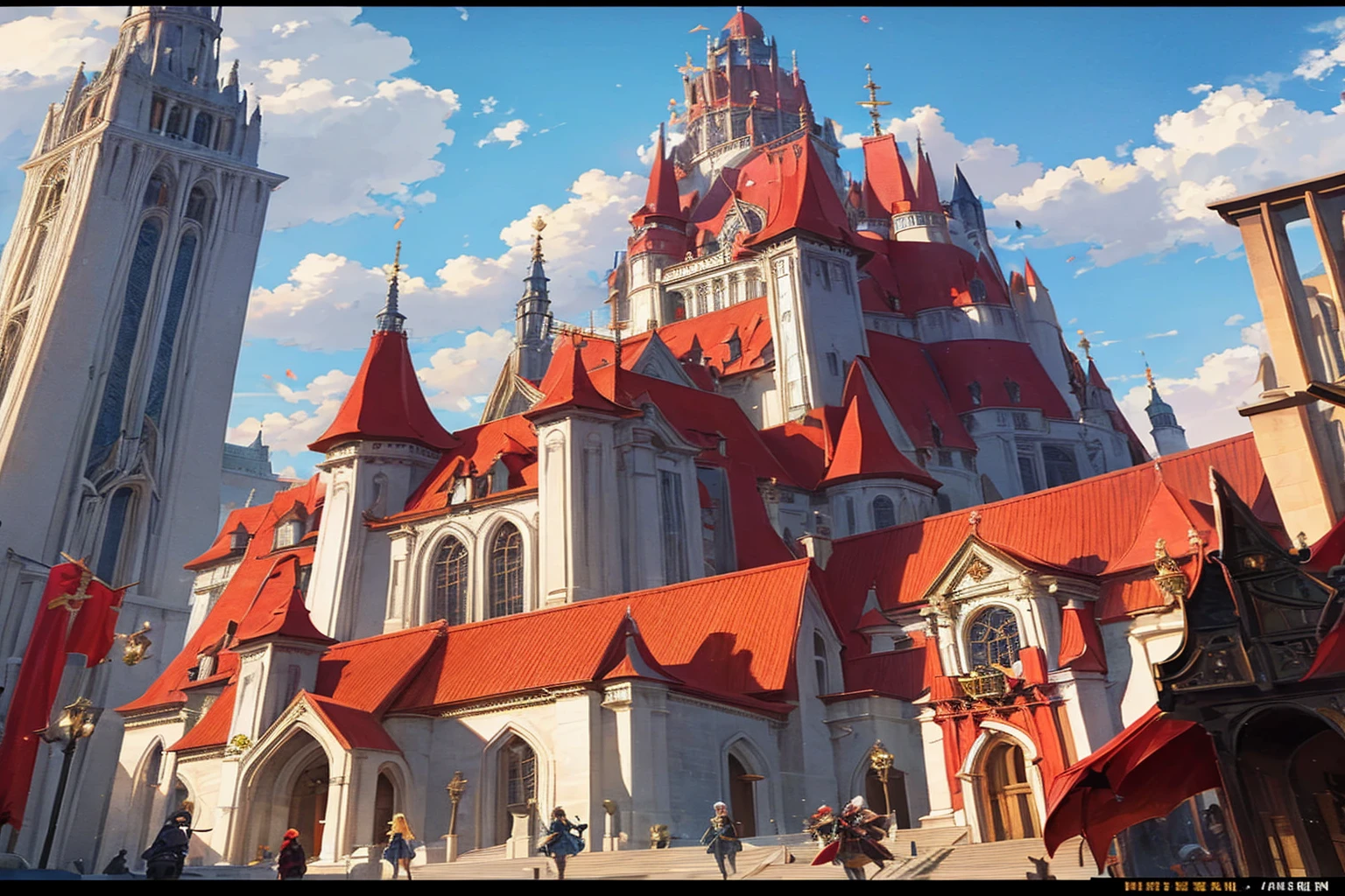 medieval fantasy capital's town entrance at outskirts, red, white and black enigmática, secured with Royal guards, anime Style ilustración, Creative and original , high quality, realistic ,