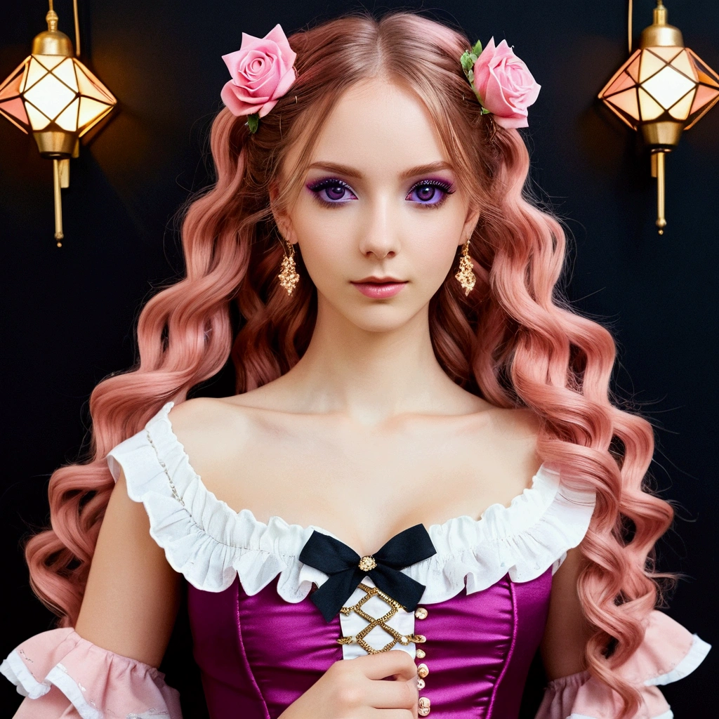 (((European))) girl with (((deep magenta eyes and long, wavy pink hair))) ((styled in an elegant French braid)). (((She is slender, and , with small breasts))). Wearing a (((pink, gold, and rose gold color themed outfit.))) The overall look is regal and ethereal, with magical glowing effects. cutesexy, , a hyperrealistic , hyperrealistic , realistic , seductive, smooth, beautiful alluring teen,, (masterpiece), best quality, expressive eyes, perfect face ((Highest quality))、((8K))、(((8k wallpaper)))、ultra detailed, masterpiece, best quality, solo