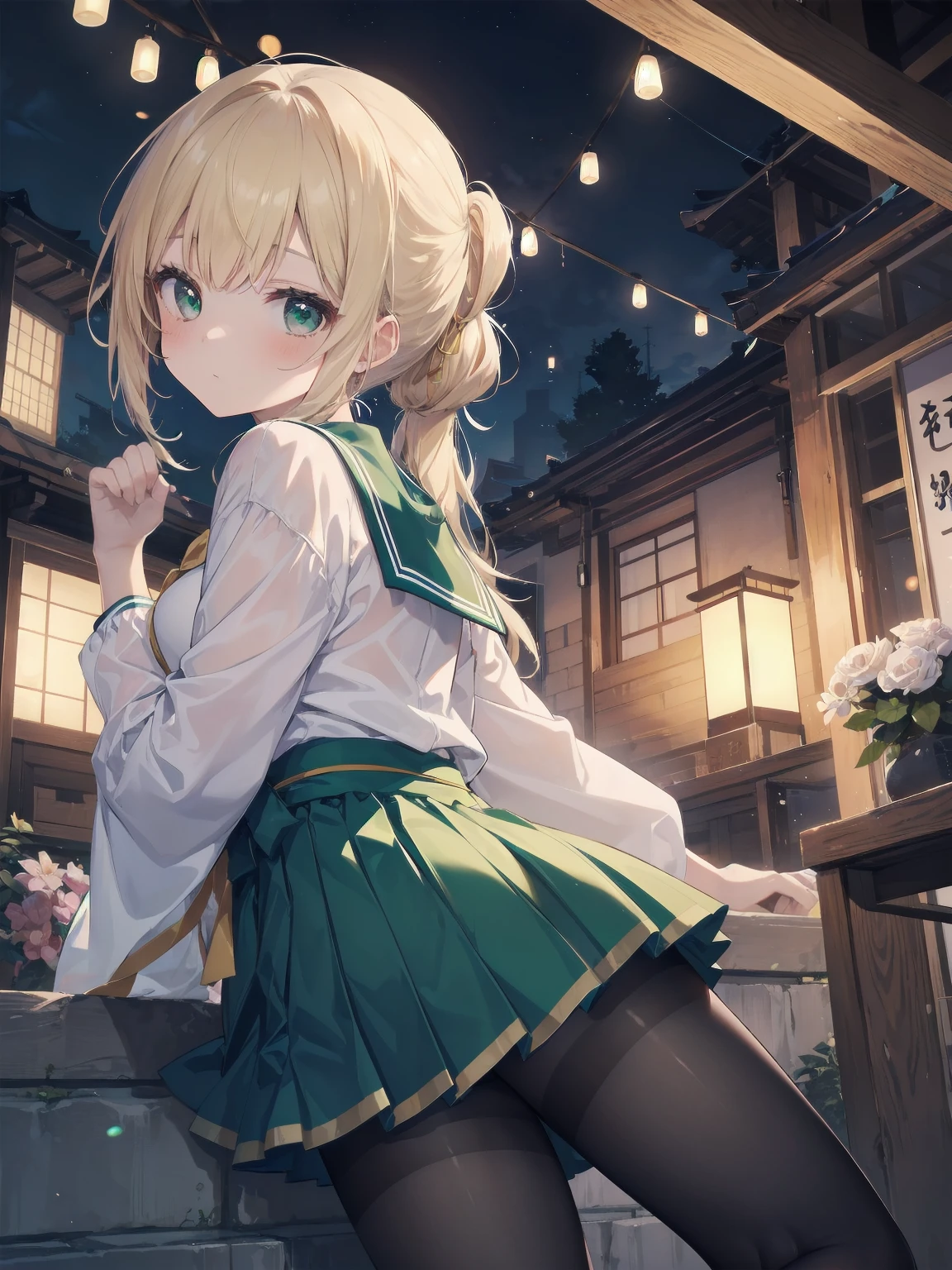Masterpiece, illustration, super detailed, kawaii, one girl, 独奏, slender , Japanese girl, chou chou, ribbon, nape of neck, low ponytail, cute pose in Less revealing attire, (green sailor outfit, two gold lines), large gold ribbon, priss skirt, black pantyhose, , Long Sleeves, White innerwear for sailor suit, living room, cowgirl shot, sfw, dynamic angle、Close-up on the characters、(building, city、A dense fog of fluorescent particles、1800Era、Japanese Style、Fiction、grow、Overwhelming、Detailed street)、A beautiful girl with a beautiful background and a super cute pose