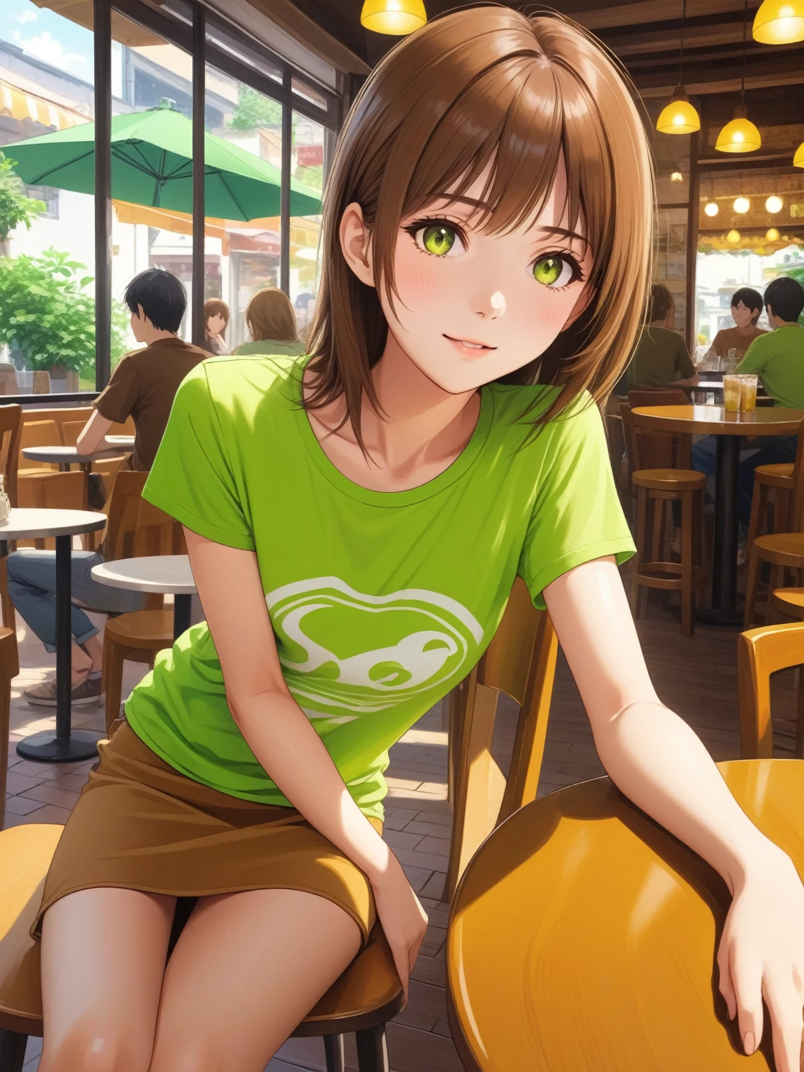 realistic anime illustration of pretty young woman sitting in cafe, her hand touching chair, (she wearing brown t-shirts, lime-green mini skirts), (1girl, solo,full body), (masterpiece, best quality, Japanese anime style)