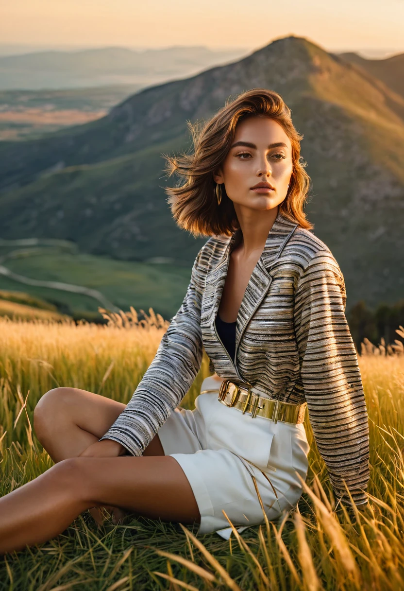 ((best quality)), ((masterpiece)), (detailed), full body shot, sitting behind the grass, summer fashion photo shot, dynamic pose, dynamic angle, sunsetting in the background, young italian woman, wearing summer Dior apparel. she is looking off at the sunset, a cabin in golden grass field with rocky hills at the distance