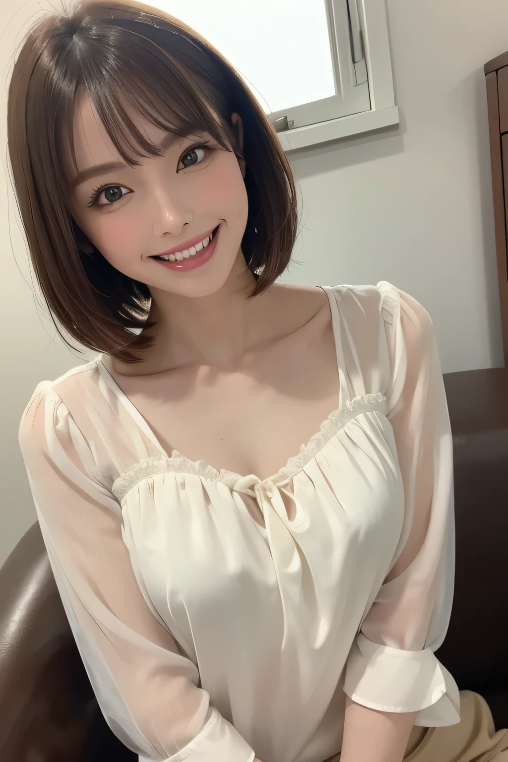 ((masterpiece)), ((Highest quality)), ((Complex)), ((Surreal)), (Realistic), (Mature Woman), ((No classes)), Very detailed, (1 female), Beautiful and exquisite, (Beautiful Teeth), Grin, Brunette bob hair, Brown eyes, ((blouse)), (Upper Body), (background:none), Perfect Eyes, Captivating eyes, Looking at the audience