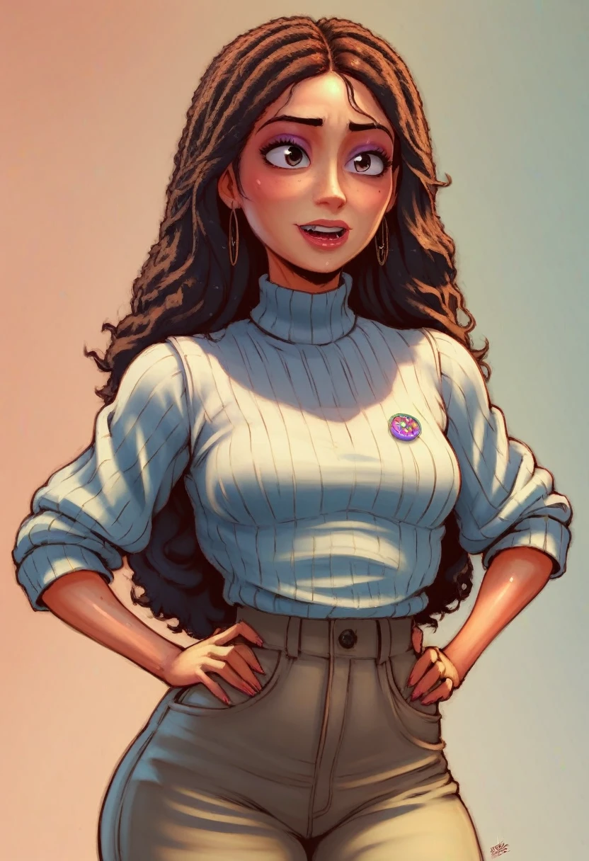 (Pixar style) A waist-high portrait of a Mexican girl with long hair, natural skin texture, 4K textures, HDR, intricate, highly detailed, sharp focus, hyper-detailed