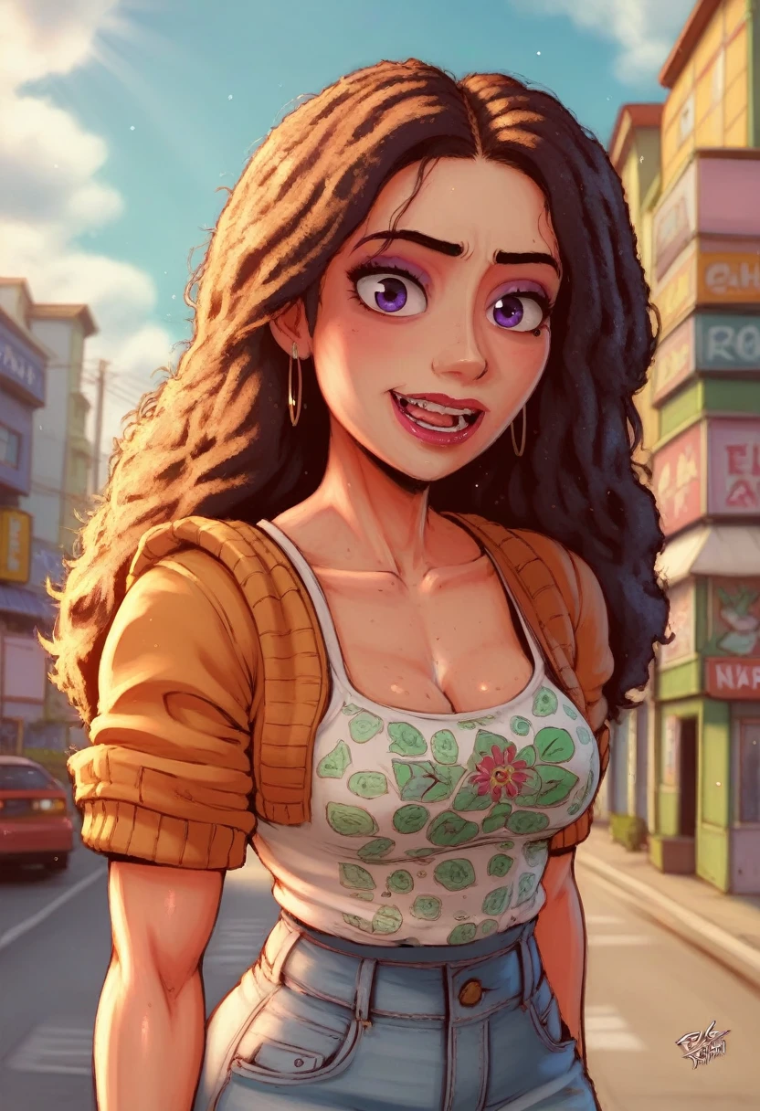 (Pixar style) A waist-high portrait of a Mexican girl with long hair, natural skin texture, 4K textures, HDR, intricate, highly detailed, sharp focus, hyper-detailed