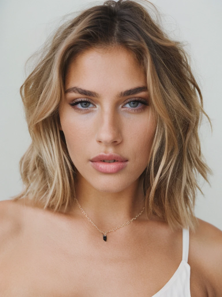 a beautiful 23-year-old woman, victoria secret, top model, pose for the picture, makeup, ((medium large breast)), blonde, messy hair, short hair, necklace, film grain, retro, Porta 160 color, shot on ARRI ALEXA 65, Fujifilm XT-3