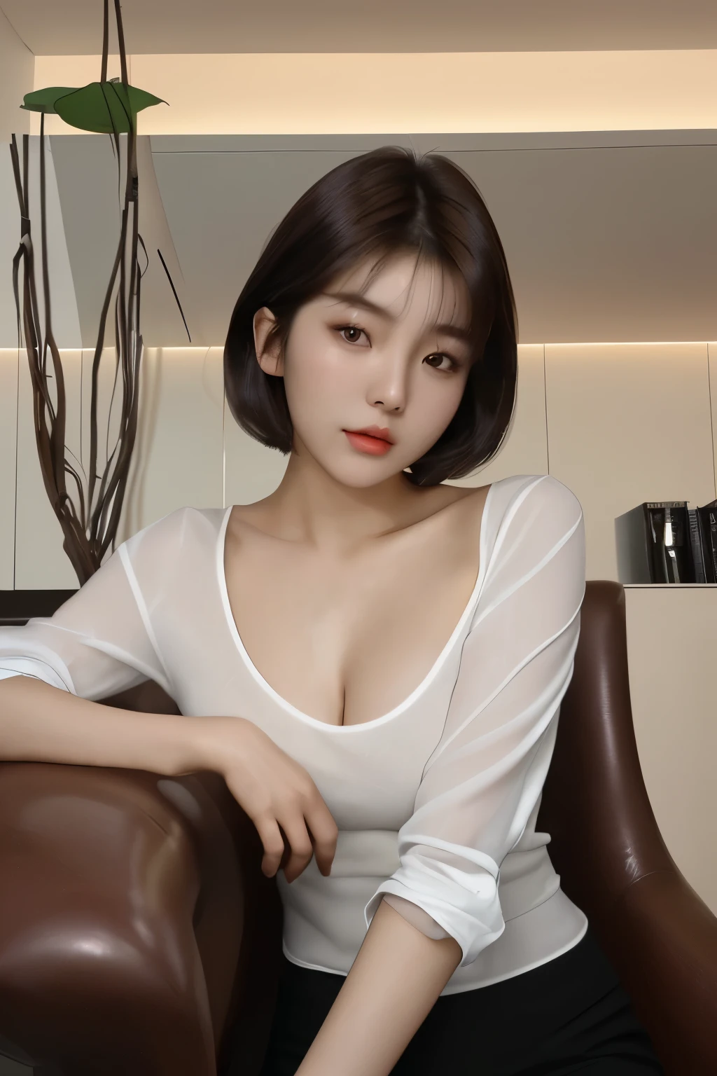 a close up of a woman with a white shirt and a brown chair, gorgeous young korean woman, beautiful south korean woman, korean girl, cleavage, beautiful asian girl, sexy look at the camera, highly realistic. live cam, beautiful young korean woman, with short hair, young and cute girl, she has a cute face, thick neck, 