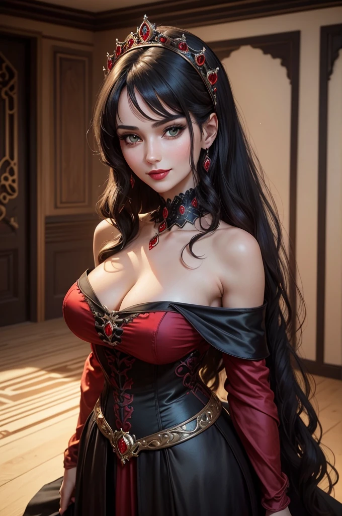 ((best quality)), ((masterpiece)), (detailed), ((normal anatomy)), ((normal body proportions for an adult woman)), ((beautiful eye detail)), perfect face, high detail, charismatic, full body, cinematic lighting, defined body, super detail, high realism, back straight, front facing, princess face, an extremly beautiful woman with long black curly hair with a long fringe, large perfect emerald green eyes, ancient medieval english fantasy theme, she is wearing a beautiful black and red formal ancient medieval off-shoulder gown with very high detail and a black silk choker, large 4 post bed in background, coy seductive smile, flirty, full red lips, 30 year old, portrait style image