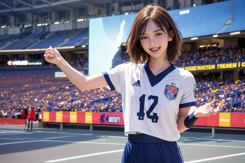 (Highest quality、8k、32K、masterpiece)、(Realistic)、(Realistic:1.2)、(High resolution)、Very detailed、Very beautiful face and eyes、(((Female solo shot)))、Frame In、Tight waist、(Highest quality、Attention to detail、Rich skin detail)、(Highest quality、8k、Oil paints:1.2)、(Realistic、Realistic:1.37)、Bright colors、(((Cowboy Shot)))、(((short hair)))、(((Laughter)))、(((Brown Hair)))、(((Soccer uniforms)))、(((ピンクのSoccer uniforms)))、(((Football Stadium)))、(((Enthusiastic audience)))、(((Uniform without lines)))、Short sleeve uniform、There are no lines on the sleeves
