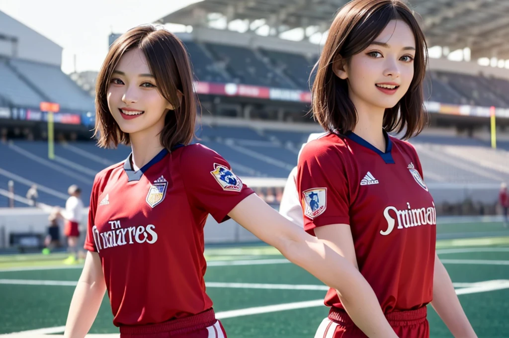 (Highest quality、8k、32K、masterpiece)、(Realistic)、(Realistic:1.2)、(High resolution)、Very detailed、Very beautiful face and eyes、(((Female solo shot)))、Frame In、Tight waist、(Highest quality、Attention to detail、Rich skin detail)、(Highest quality、8k、Oil paints:1.2)、(Realistic、Realistic:1.37)、Bright colors、(((Cowboy Shot)))、(((short hair)))、(((Laughter)))、(((Brown Hair)))、(((Soccer uniforms)))、(((ピンクのSoccer uniforms)))、(((Football Stadium)))、(((Enthusiastic audience)))、(((Uniform without lines)))、Short sleeve uniform、There are no lines on the sleeves