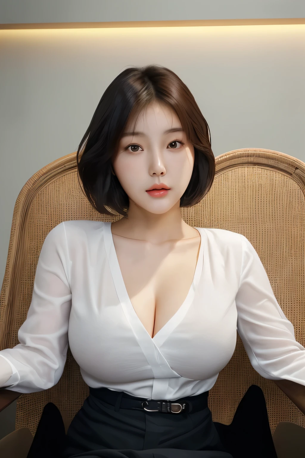 a close up of a woman with a white shirt and a brown chair, gorgeous young korean woman, beautiful south korean woman, korean girl, cleavage, beautiful asian girl, sexy look at the camera, highly realistic. live cam, beautiful young korean woman, with short hair, young and cute girl, she has a cute face, thick neck,