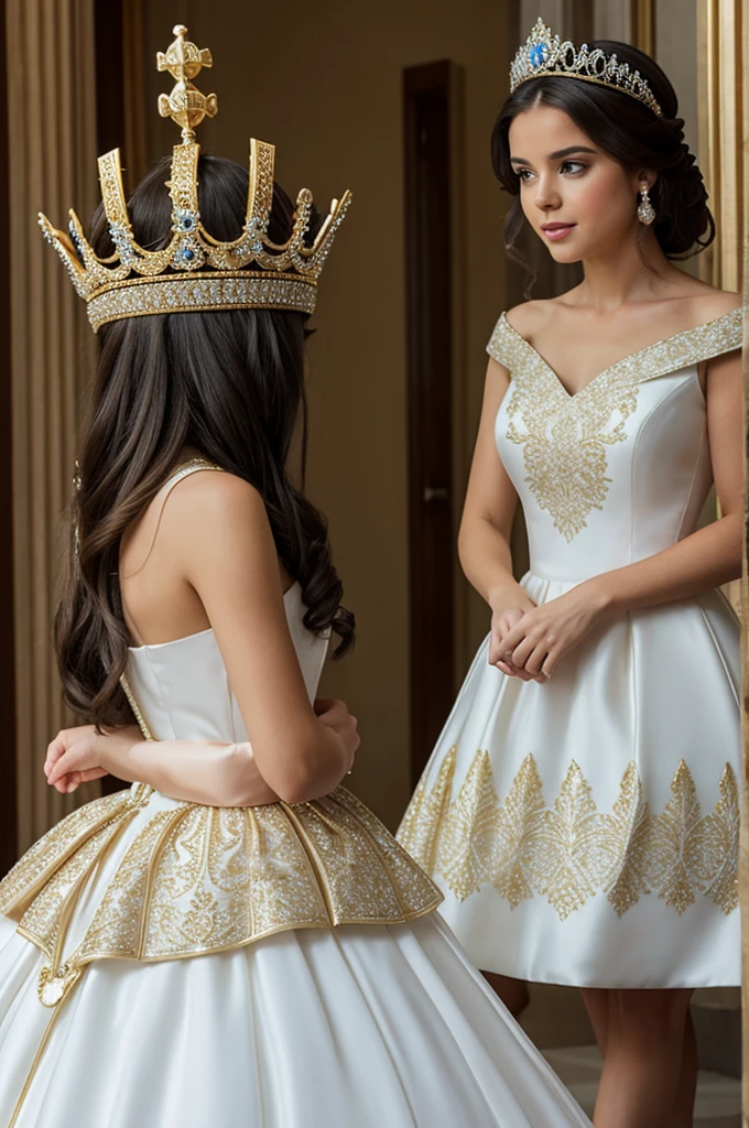 Princess wearing a white and gold dress, wearing a crown