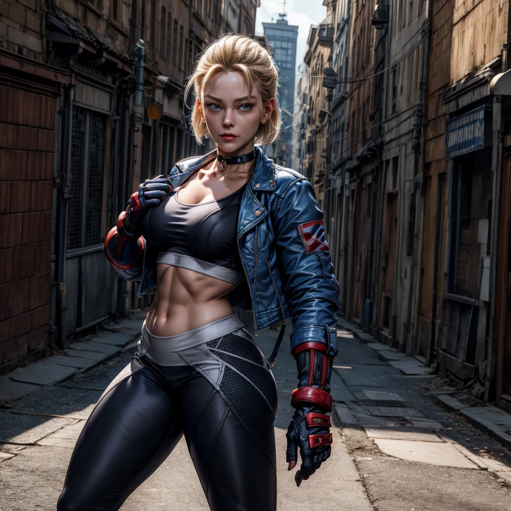 masterpiece, best quality, highres, 1girl, cammy white, short hair, antenna hair, blue eyes, scar on cheek, large breasts, black choker, collarbone, blue jacket, cropped jacket, open jacket, sports bra, midriff, fingerless gloves, black gloves, black pants, standing, cowboy shot, stair, outdoors, showing big buttocks, thick thighs, curvy hips 