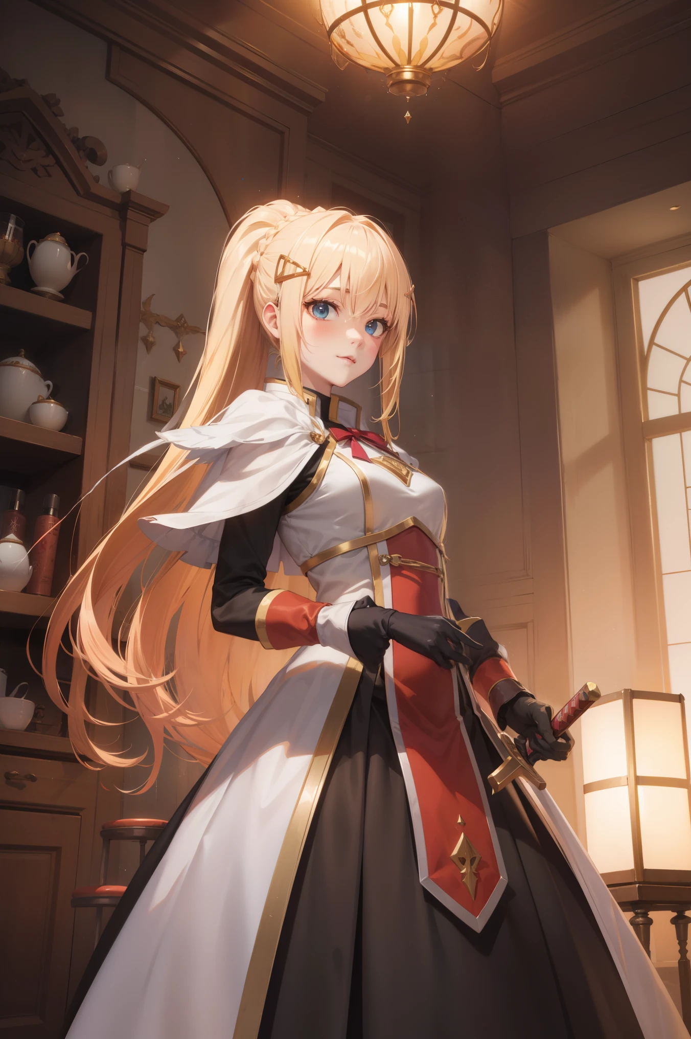 anime girl with long red hair and sword in a room, concept art by Kamagurka, pixiv, fantasy art, anime goddess, zerochan art, high detailed official artwork, ((a beautiful fantasy empress)), detailed digital anime art, pixiv 3dcg, digital art on pixiv, /!\ the sorceress, blonde hair, long hair with pony tail, hair ornament,