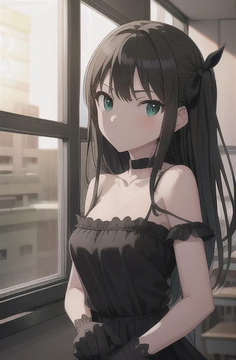 rinshibuya, Rin Shibuya, Black Hair, (Green Eyes:1.5), Long Hair,
break black gloves, black gothic dress (Idolmaster), black ribbon, black shirt, choker, clavicle, gloves, Hair Flower, hair ornaments, hair ribbon, Idol, Purple Flower, ribbon, shirt, No sleeve, No sleeve shirt,Large Breasts、
break indoors, classroom,
break looking at viewer,
break (masterpiece:1.2), Highest quality, High resolution, unity 8k wallpaper, (figure:0.8), (Beautiful attention to detail:1.6), Highly detailed face, Perfect lighting, Highly detailed CG, (Perfect hands, Perfect Anatomy),