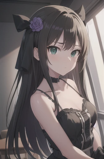 rinshibuya, Rin Shibuya, Black Hair, (Green Eyes:1.5), Long Hair,
break black gloves, black gothic dress (Idolmaster), black ribbon, black shirt, choker, clavicle, gloves, Hair Flower, hair ornaments, hair ribbon, Idol, Purple Flower, ribbon, shirt, No sleeve, No sleeve shirt,Large Breasts、
break indoors, classroom,
break looking at viewer,
break (masterpiece:1.2), Highest quality, High resolution, unity 8k wallpaper, (figure:0.8), (Beautiful attention to detail:1.6), Highly detailed face, Perfect lighting, Highly detailed CG, (Perfect hands, Perfect Anatomy),