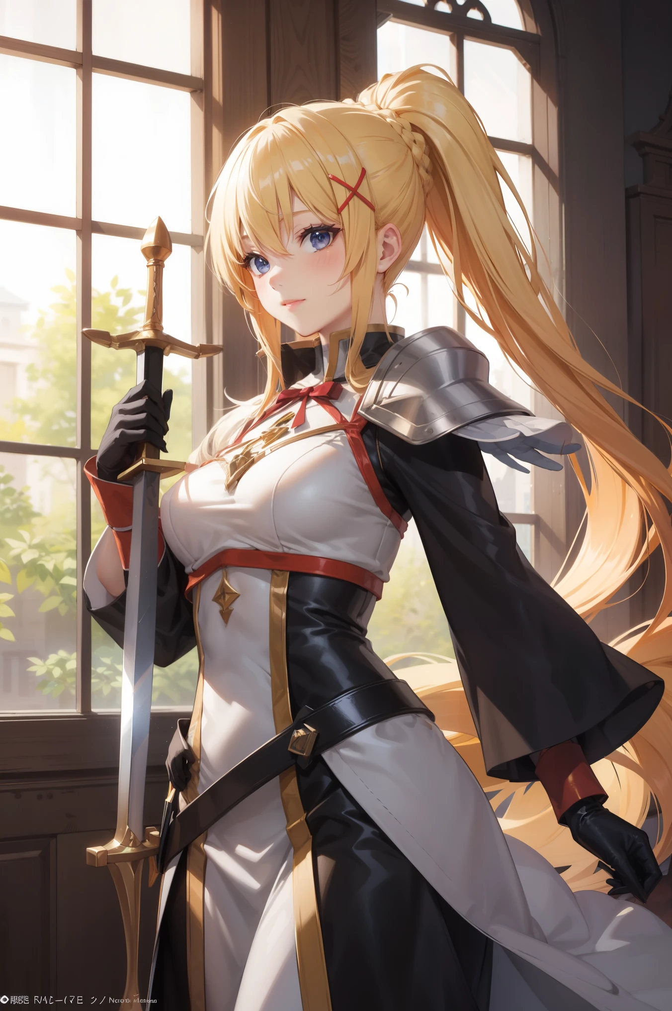 anime girl with long red hair and sword in a room, concept art by Kamagurka, pixiv, fantasy art, anime goddess, zerochan art, high detailed official artwork, ((a beautiful fantasy empress)), detailed digital anime art, pixiv 3dcg, digital art on pixiv, /!\ the sorceress, blonde hair, long hair with pony tail, hair ornament,