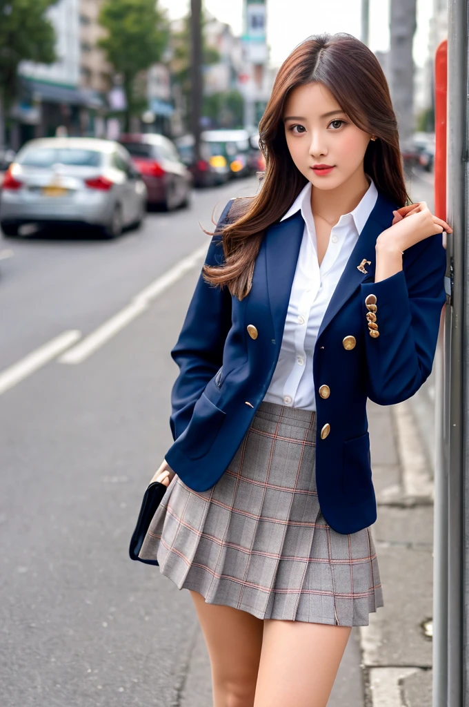 a 18 year old girl, she is the most beautiful actress in the world, the perfect body proportions of this girl in the uniform, indirect bulge of her clothed large breasts, the blazer is appropriately buttoned up on the formal shirt above the short skirt that's hardly covering the panties between her bare legs, it's only one description of one body, above her head and below her feet are no space, the front of her body, looking forward to viewer, she is standing, at the city street, nsfw, best quality, highly detailed, masterpiece, ultra high res, photo realistic, 8k, RAW photo