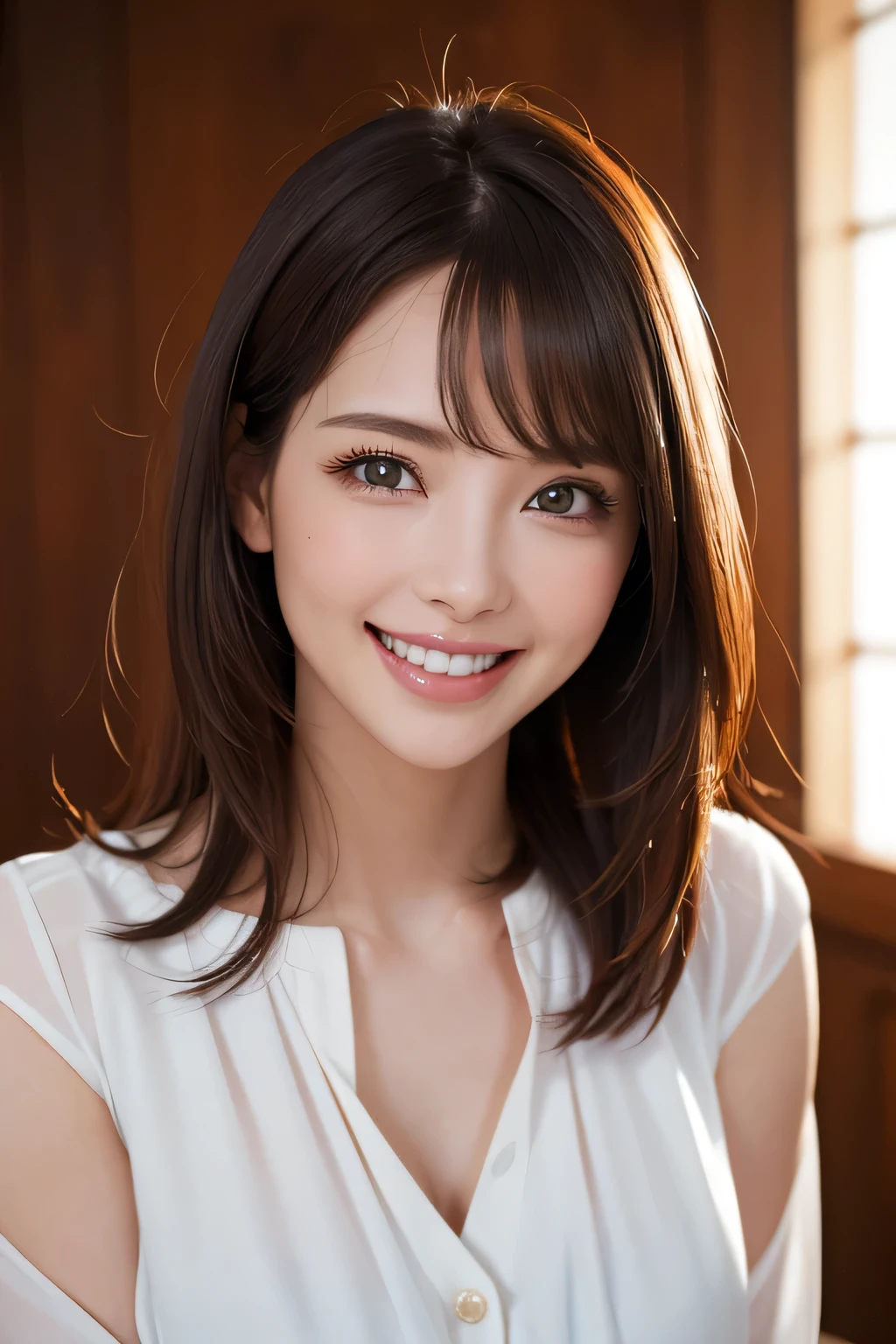 ((masterpiece)), ((Highest quality)), ((Complex)), ((Surreal)), (Realistic), (Mature Woman), ((No classes)), Very detailed, (1 female), Beautiful and exquisite, (Beautiful Teeth), Grin, Brunette bob hair, Brown eyes, ((blouse)), (Upper Body), (background:none), Perfect Eyes, Captivating eyes, Looking at the audience