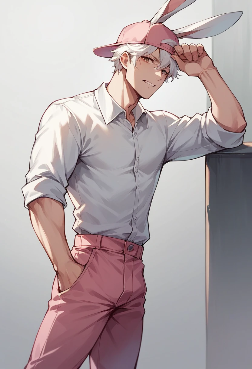 white man, White hair, with bunny ear cap, pink pants