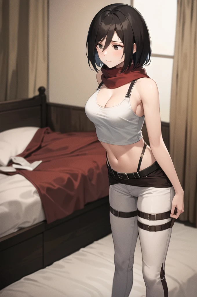 Masterpiece, best quality, high res, hmmikasa, short hair, black eyes, scarf, emblem, belt, thigh strap, red scarf, tight white pants, cropped tank top, brown blazer, cleavage, cowboy shot, medium breasts, shy face, laying on bed, breasts, front view, open legs
