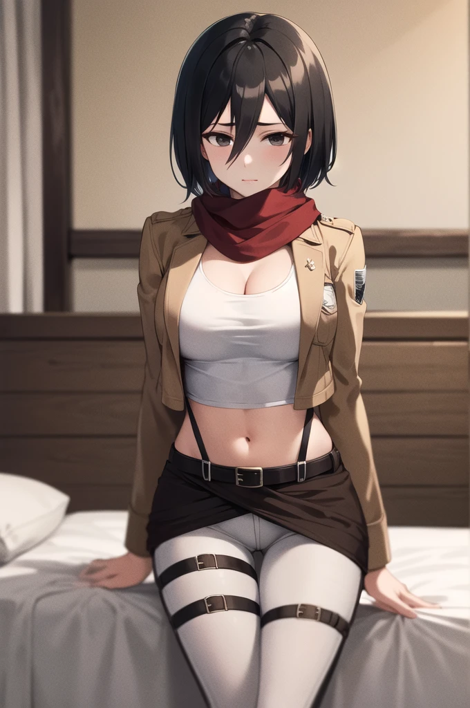 Masterpiece, best quality, high res, hmmikasa, short hair, black eyes, scarf, emblem, belt, thigh strap, red scarf, tight white pants, cropped tank top, brown blazer, cleavage, cowboy shot, medium breasts, shy face, laying on bed,  breasts, front view, open legs