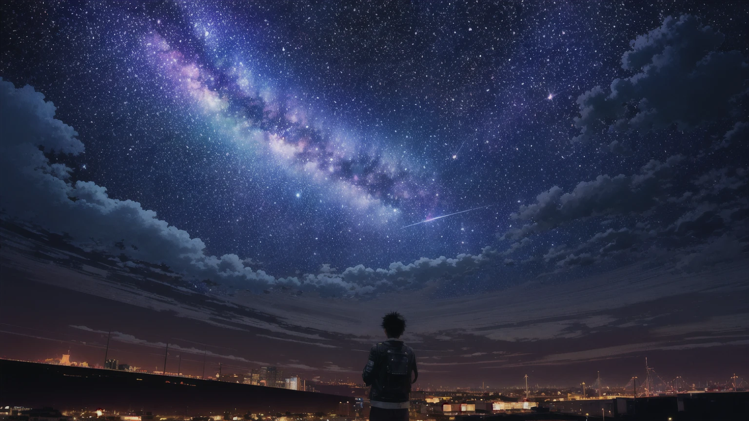 octane, Invalid, Star (Invalid), landscape, Starry Invalid, night, 1 boy, night Invalid, Solitary, outdoor, architecture, cloud, Milky Way, sit, wood, short hair、Black Hair、leather jacket, City, contour, Cityscape 