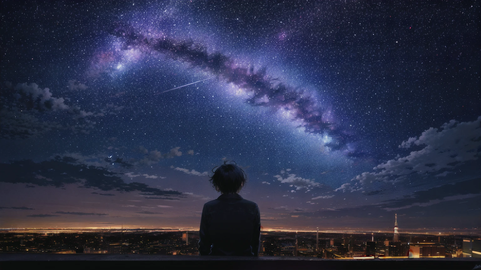 octane, Invalid, Star (Invalid), landscape, Starry Invalid, night, 1 boy, night Invalid, Solitary, outdoor, architecture, cloud, Milky Way, sit, wood, short hair、Black Hair、leather jacket, City, contour, Cityscape 