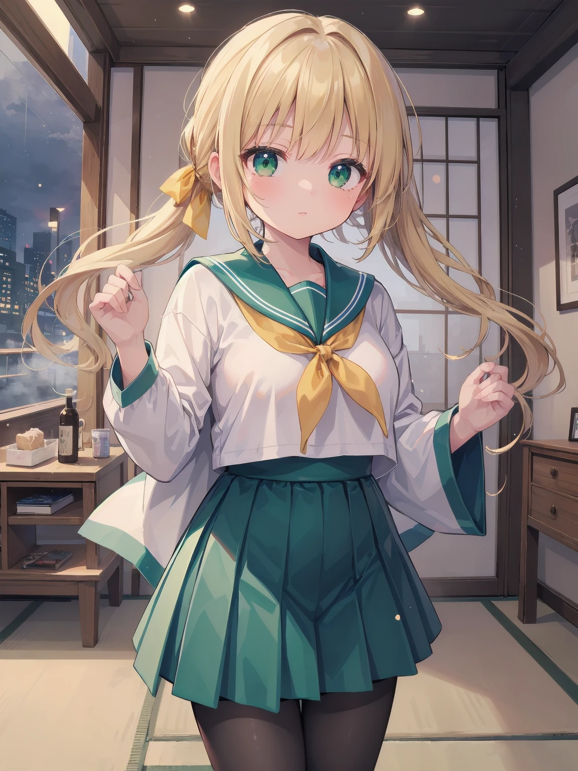 Masterpiece, illustration, super detailed, kawaii, one girl, 独奏, slender , Japanese girl, chou chou, ribbon, nape of neck, low ponytail, cute pose in Less revealing attire, (green sailor outfit, two gold lines), large gold ribbon, priss skirt, black pantyhose, , Long Sleeves, White innerwear for sailor suit, living room, cowgirl shot, sfw, dynamic angle、Close-up on the characters、(building, city、A dense fog of fluorescent particles、1800Era、Japanese Style、Fiction、grow、Overwhelming、Detailed street)、A beautiful girl with a beautiful background and a super cute pose