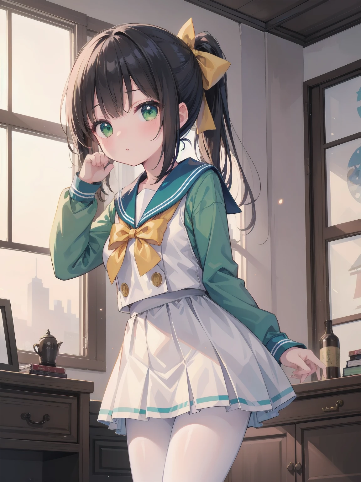 Masterpiece, illustration, super detailed, kawaii, one girl, 独奏, slender 14 year old, Japanese girl, chou chou, ribbon, nape of neck, low ponytail, cute pose in Less revealing attire, (green sailor outfit, two gold lines), large gold ribbon, priss skirt, black pantyhose, , Long Sleeves, White innerwear for sailor suit, living room, cowgirl shot, sfw, dynamic angle、Close-up on the characters、(building, city、A dense fog of fluorescent particles、1800Era、Japanese Style、Fiction、grow、Overwhelming、Detailed street)、A beautiful girl with a beautiful background and a super cute pose