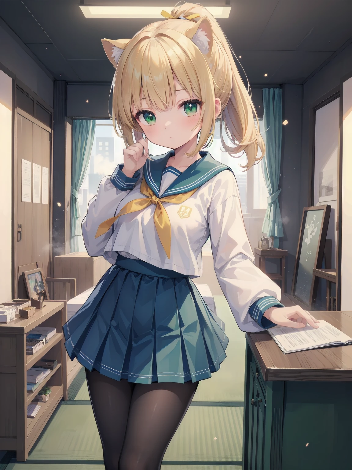 Masterpiece, illustration, super detailed, kawaii, one girl, 独奏, slender 14 year old, Japanese girl, chou chou, ribbon, nape of neck, low ponytail, cute pose in Less revealing attire, (green sailor outfit, two gold lines), large gold ribbon, priss skirt, black pantyhose, , Long Sleeves, White innerwear for sailor suit, living room, cowgirl shot, sfw, dynamic angle、Close-up on the characters、(building, city、A dense fog of fluorescent particles、1800Era、Japanese Style、Fiction、grow、Overwhelming、Detailed street)、A beautiful girl with a beautiful background and a super cute pose